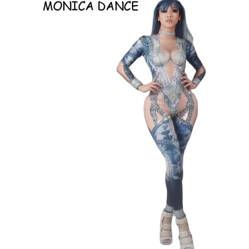 Sexy Denim Print Stage Jumpsuits Women Stretch Skinny Bodysuit Nightclub DJ DS Dance Costumes Performance