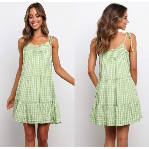 MosiMolly Summer Plaid Dress Women BOHO Beach Dress Strap Mini Dress Ruffle Dress 2021 Summer