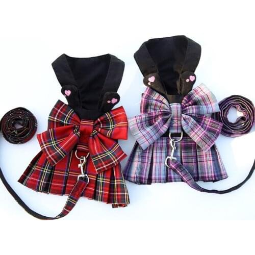 Classic British Style Dog Harness Dress Puppy Skirt With Leash Set Bowknot Plaid Dress Puppy Harness Dog Accessories Suppler
