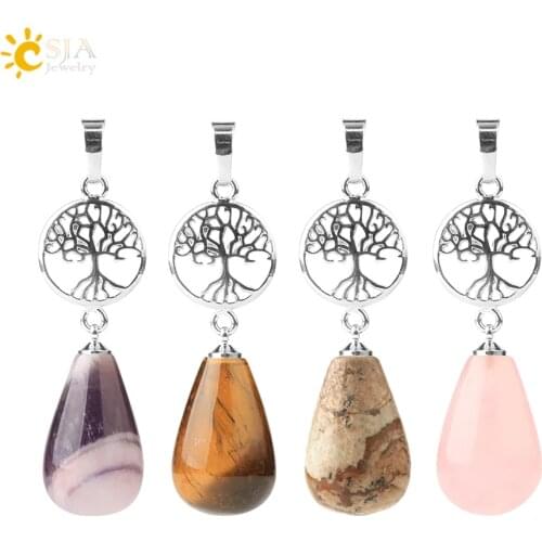 CSJA Healing Water Drop Natural Gem Stone Tree of Life Pendant Tiger Eye Crystal Quartz Statement Pendants Women Luck Gift G741