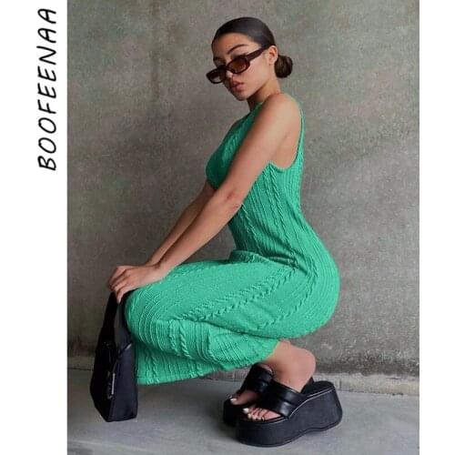 BOOFEENAA Sexy Casual Solid Knitted Sweater Dresses O Neck Sleeveless Bodycon Long Dress 2021 Fall Clothes for Women C70-BE25