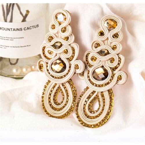 Soutache Exquisite Womens earrings Fashion boho jewelry Beige purple Long large eardrop Earring Shiny rhinestones trendy gift