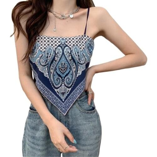 Women Summer Spaghetti Strap Tube Top Boho Paisley Leaves Print Slim Bandeau Camisole Sexy Knitted Backless Asymmetrical