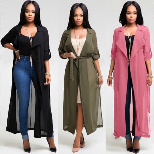 Womens trench coat Fashion Long Cardigan Jacket Long Sleeve Slim V-neck Long Chiffon womens outwear ladies Windbreaker coat