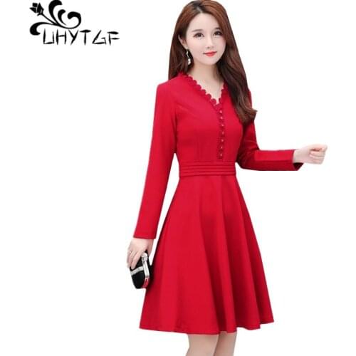 UHYTGF Fashion woman dress long sleeve V-neck pullover spring autumn dress Korean bandage elegant dresses for women vestidos 966
