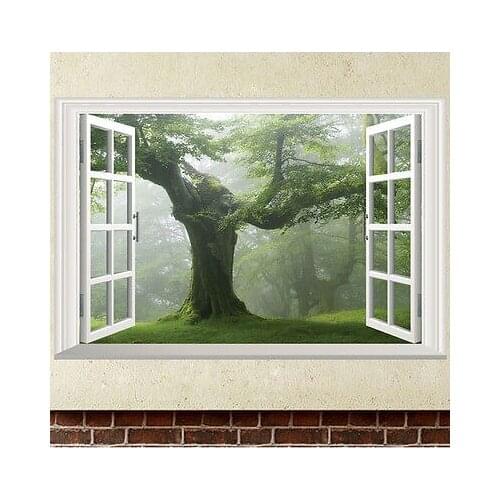 Green Old Tree 3D Window Wall Sticker Removable Vinyl Decal Mural Art Home Decor 3D false window of green trees Wall Stickers