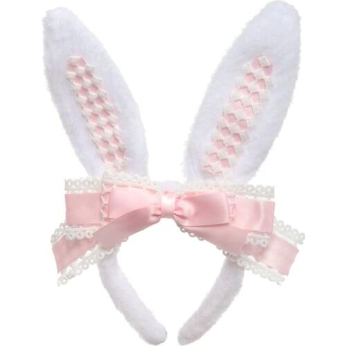 Bunny Ears Headband Headdress Women Lolita Cute Rabbit Ears Bow Lace Hair Band Headwear