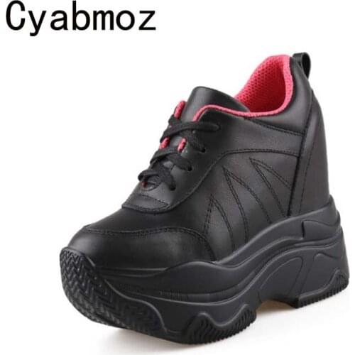 Platform Shoes Women Casual Chunky Sneakers Fashion Thick Bottom Genuine Leather Height Increasing Ladies Shoes Femme Sneakers