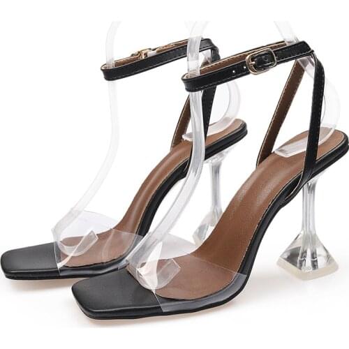 2021 New Fashion Sexy Design Women Line Style Buckle Thin High Heels Black Open Toe Square Head Dress Sandals Shoe Big Size 46
