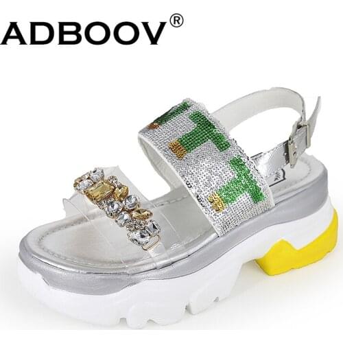 ADBOOV Women Rhinestone Sandals Ankle Strap Buckle Platform Sandals Ladies Crystal Summer Shoes Sandalias Mujer 2019