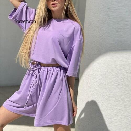 Womens Tracksuits 2 Piece Set Summmer Oversize Sweatshirt + Sporting Shorts Sweat Set Two Piece Outfit Solid Color Sets