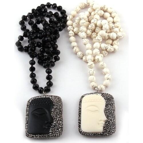 Fashion Bohemian Tribal Jewelry Long Knotted Handmake Paved buddha face Pendant Necklaces Women Ethnic Necklace