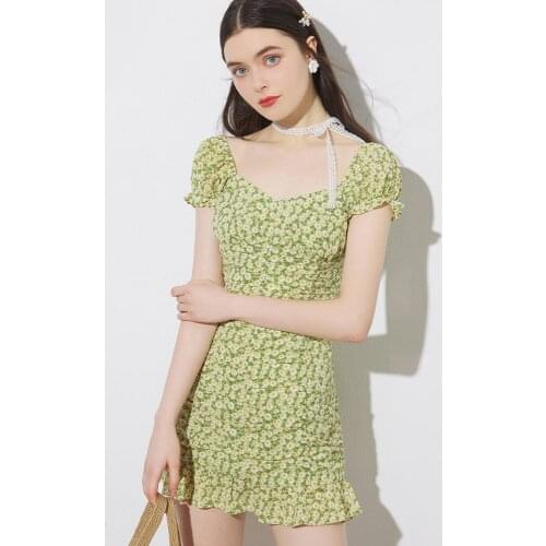 French Dress Womens 2021 New Spring Summer Square Collar Ruffle Bubble Sleeve Short Floral Skirt