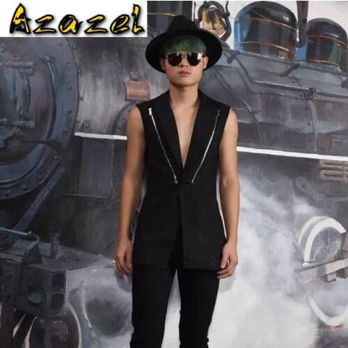 Azazel Autumn and winter Korean version Vests Men Slim Long coat Hair stylist Nightclub Sleeveless windbreaker Vest male jackets