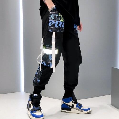 Men Cargo Pants Reflective Hip Hop Loose 2021 Fashion New Arrival Streetwear Male Joggers Graffiti Ribbon Linen Pants Techwear