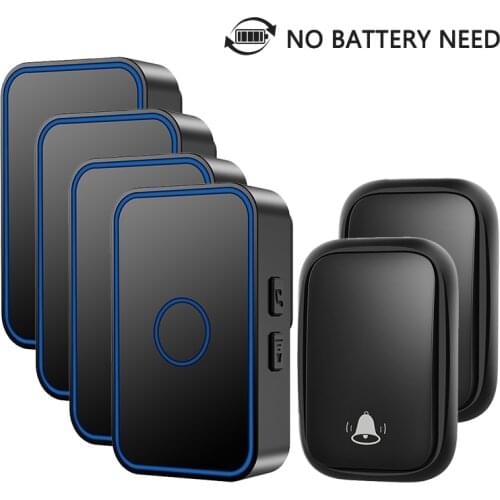 CACAZI Self Powered Waterproof Doorbell No Battery Need EU/US/UK 60 chimes 150M Romote Home LED Door Bell 2 Button 4 Receivers