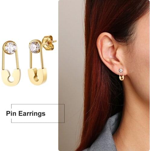 CZ Safety Pin Stud Earrings White Cubic Zirconia Small Earrings for Women Tiny Minimalist Stainless Steel Jewelry