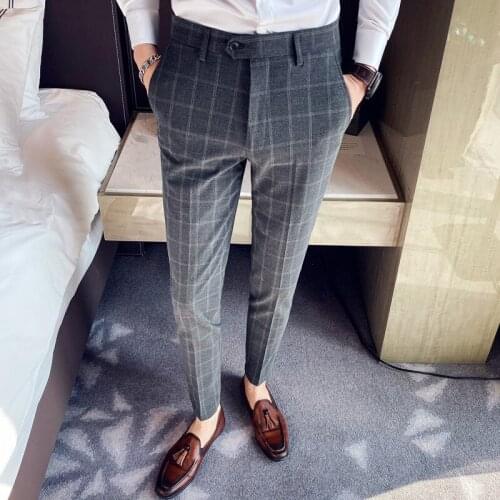 Formal Plaid Dress Trousers Men Slim Ankle Length Business Office Suit Pants British Style