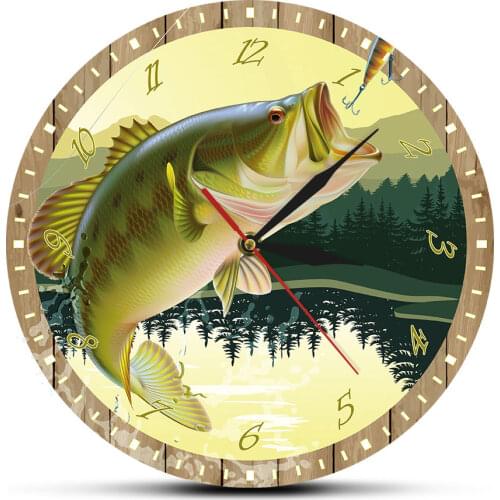 Fish Printed Battery Operated Round Wall Watch Silent Non-Ticking Zegar Scienny Angling Fisherman Clock Quiet Sweep Clock