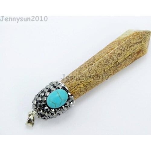 Natural Pictur Jas-per Gems stones Hexagonal Pointed Tur-quoise Crystal Rhinestones Cap Pendant Necklace Jewelry 10Pcs/Pack