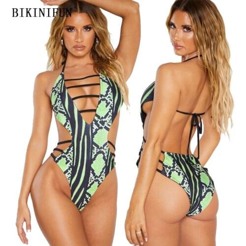 2020 New Sexy Watermelon Rind Print Swimsuit Deep V Swimwear Plus Size Bathing Suit S-5XL Girl Backless Halter One Piece Suit