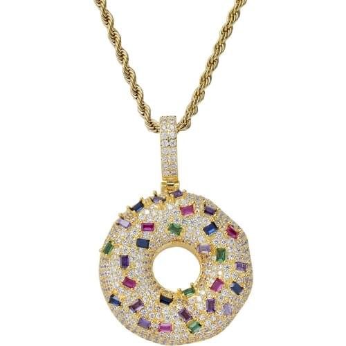 Colored Donuts Pendant & Necklace 18k Gold Plated Lab Diamond Iced Out Chain Bling Fashion Hip Hop Jewelry