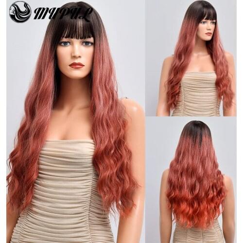 Red Long Wave Ombre Daily Hair Synthetic Wigs With Bangs For White Women Cosplay Heat Resistant Female Nutural Fiber Wig