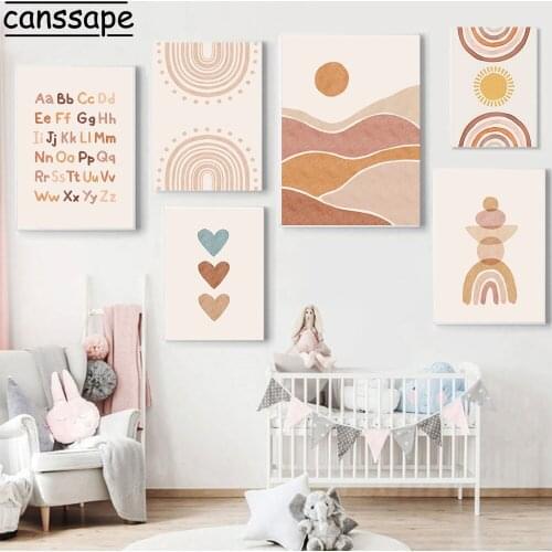 Boho Posters And Prints Cactus Paintings Rainbow Sun Poster Alphabet Print Heart Painting Nursery Wall Pictures Baby Room Decor