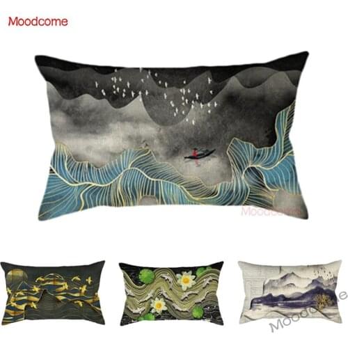 Gild Metallic Chinese Style Painting Mountain River Art Rectangle Waist Pillow Cover Modern Art Cotton Linen Lumbar Cushion Case