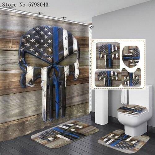 National Flag Print Shower Curtain 4 Piece Carpet Cover Toilet Cover Bath Mat Pad Set Machine Gun Bathroom Curtain 12 Hooks