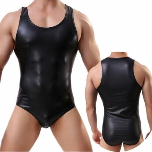 Sexy Mens Undershirts One-Piece Bodysuits Leotard PU Leather WetLook Jumpsuits Wrestling Singlet Bulge Pouch Briefs Underwear