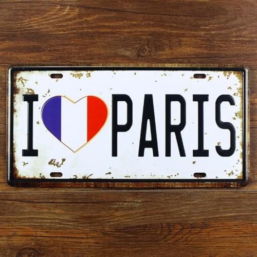 SYF-A067 Free ship Retro license car plates I love paris vintage metal tin signs garage painting plaque Sticker 15x30cm