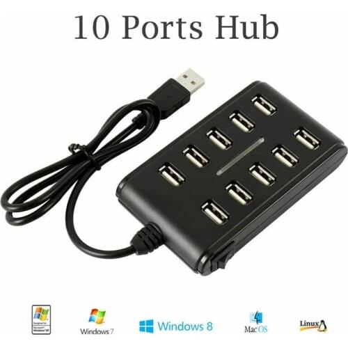 USB 2.0 10 Ports Double Row Hub High Speed Extension Cable With Switch ABS Plastic For PC Laptop
