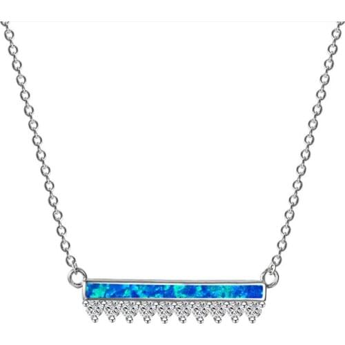 Vintage Female Blue Opal Pendant Necklace Classic Silver Color Chain Necklaces For Women Simple Bridal Grometry Wedding Necklace