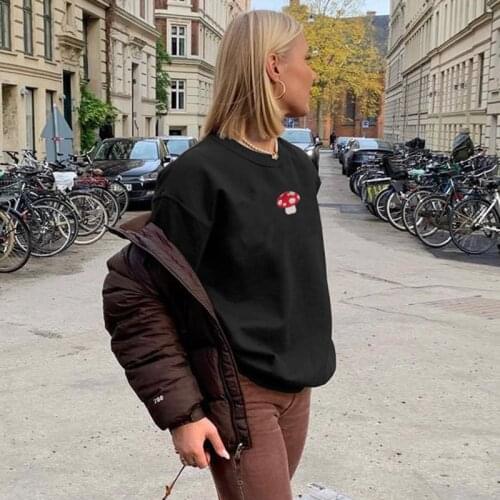 2021 Fashion Embroidery Mushroom Indie Aesthetic 90s Long Sleeve Hoodies Graphic Crewneck Clothes Black Sweatshirts Streetwear