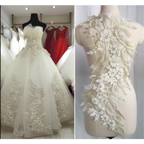 1Pc Big Body Patch 60X27CM Ivory Champagne two-color Embroidered Lace Flower Patch Applique Wedding Dress DIY Accessories
