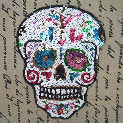 1Pcs Sequins Cloth Patch Colorful Skull Sew on Iron on Embroidery Stickers DIY Patch Clothing Appliqued Badges 25x18.5cm