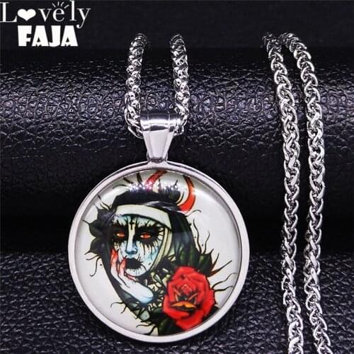 2021 Neogoth Nun Stainless Steel Glass Long Necklaces for Women/Men Silver Color Necklace Pendant Jewelry collares mujer NJ43S02