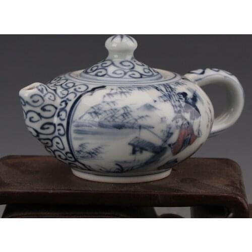 #9 Antique QingDynasty porcelain teapot,Blue red fishing pot,Hand-painted crafts,Decoration,Collectio&Adornment,Free shipping