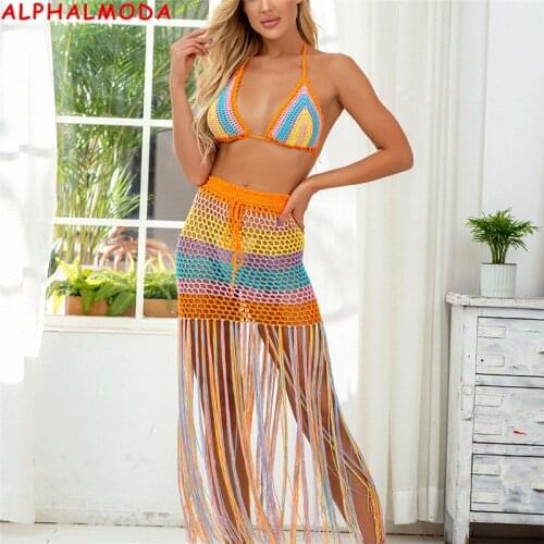 Amazon sports outdoor pure hand woven color sling bikini split suit tassel A-line skirt wholesale