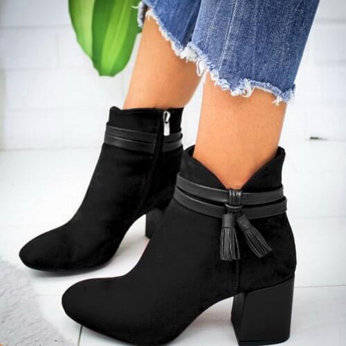 2020 Red Tassel Ankle Shoes Womens Shoes Single Boots Autumn Winter Pointed Toe Thick With Short Boots 968