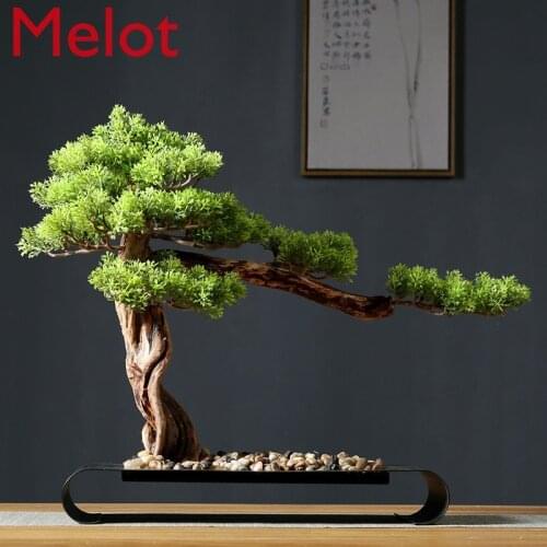 Cashier Stand Decoration Artificial Greeting Pine New Chinese Bonsai Living Room Desktop Ornaments Green Plant Solid Wood Root