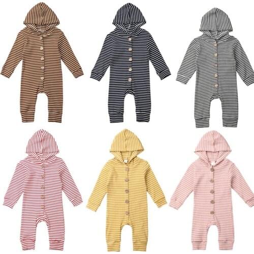 New Baby Kids Boy Girl Autumn Winter Stripe Hooded Romper Jumpsuit Clothes Outfits