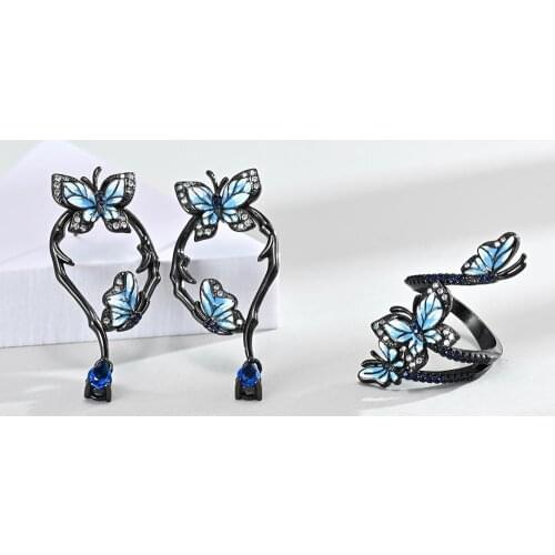 2pcs set Elegant Delicate S925 Jewelry Set Butterflies Ring Earrings Vintage Wedding Jewelry Set