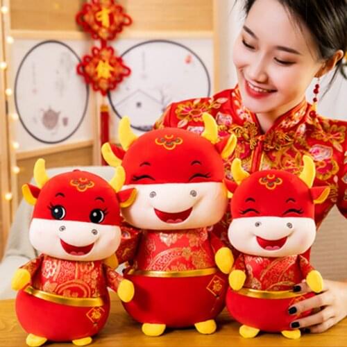 Hot 20-50cm 2021 New Year Chinese Zodiac Ox Cattle Plush Toys Red Tang Suit Milk Cow Mascot Plush Doll Stuffed For Children Gift