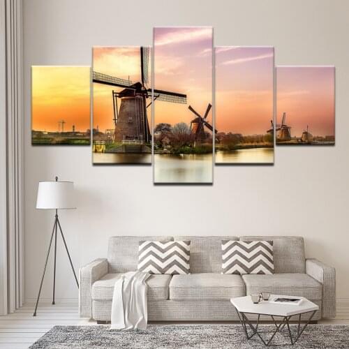 Canvas Painting Dutch factory Kinderdijk windmill 5 Pieces Wall Art Painting Modular Wallpapers Poster Print Home Decor