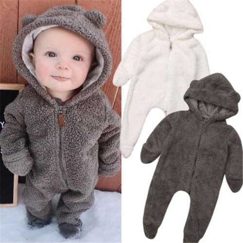 Newborn Baby Girls Boys Plush Warm Rompers Solid White zipper Hooded ropa bebe Jumpsuit Winter Romper baby boy girl Clothes