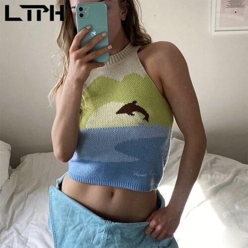 LTPH ins vintage dolphin the sea knitted sweater vest women jumpers sleeveless slim High waist short Pullover 2021 Autumn New