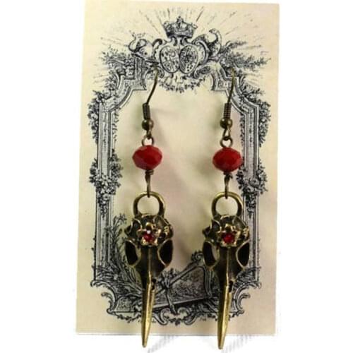 Fashion 3D Crow Crow Skull with Crystal Bead Pendant Earrings Vintage Bronze Wiccan Jewelry Gothic Steampunk Ladies Party Gift