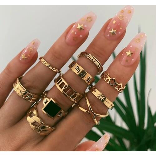 Docona Punk Gold Carving Geometric Ring Set for Women Chains Star Black Stone Knuckle Midi Ring Set Party Jewelry Gifts 9071